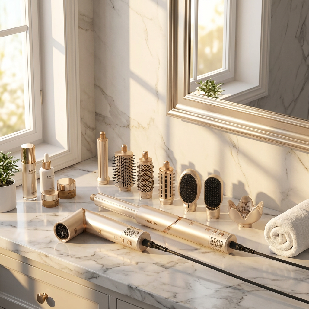 Gold hair styling tools on a marble countertop with a mirror and plants in the background