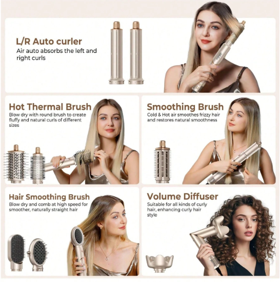 Hair styling tools with models using each tool on a light background